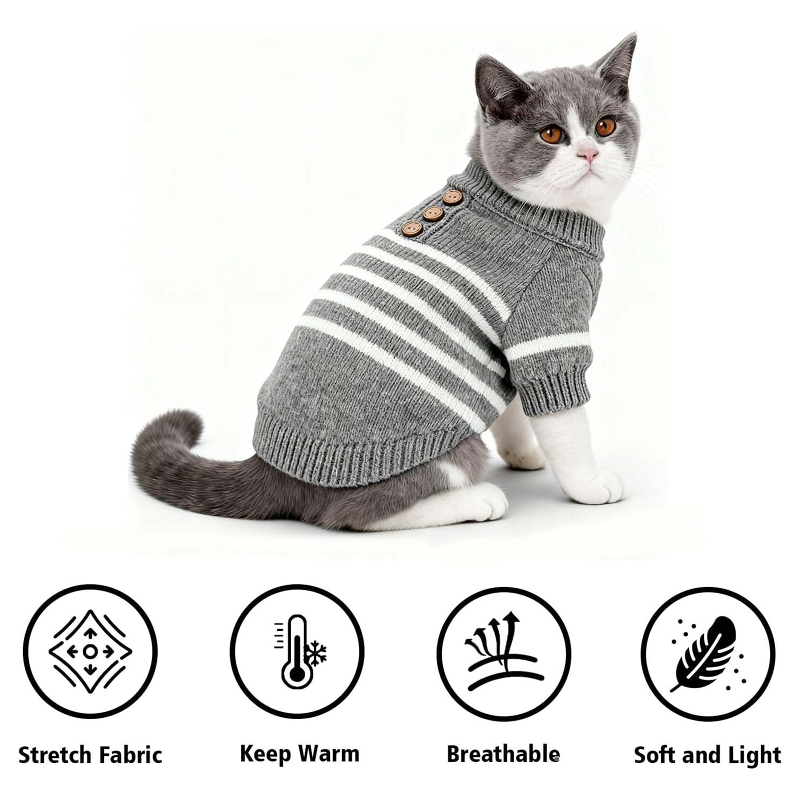 White Striped Cat Sweater - Gray & White Knitted Pet Jumper - alternate view