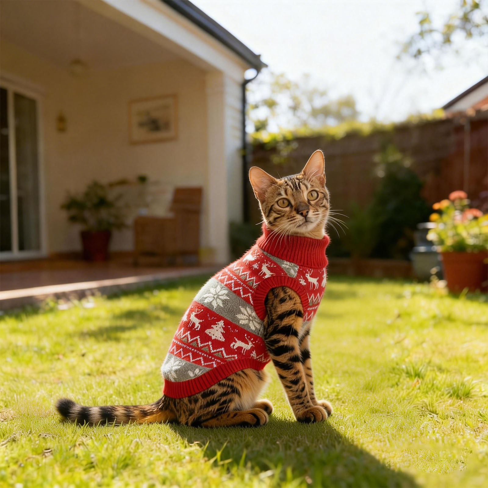 Bengal cat wearing a red knitted sweater outdoors